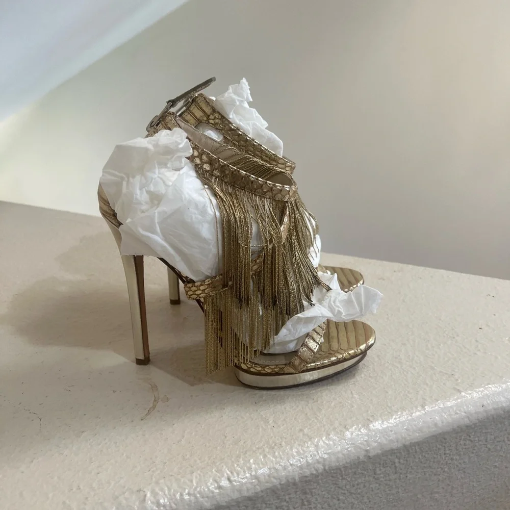 Brian Atwood Gold Fringe Sexy Heels Holiday Party‎ Christmas New Year shoes 7